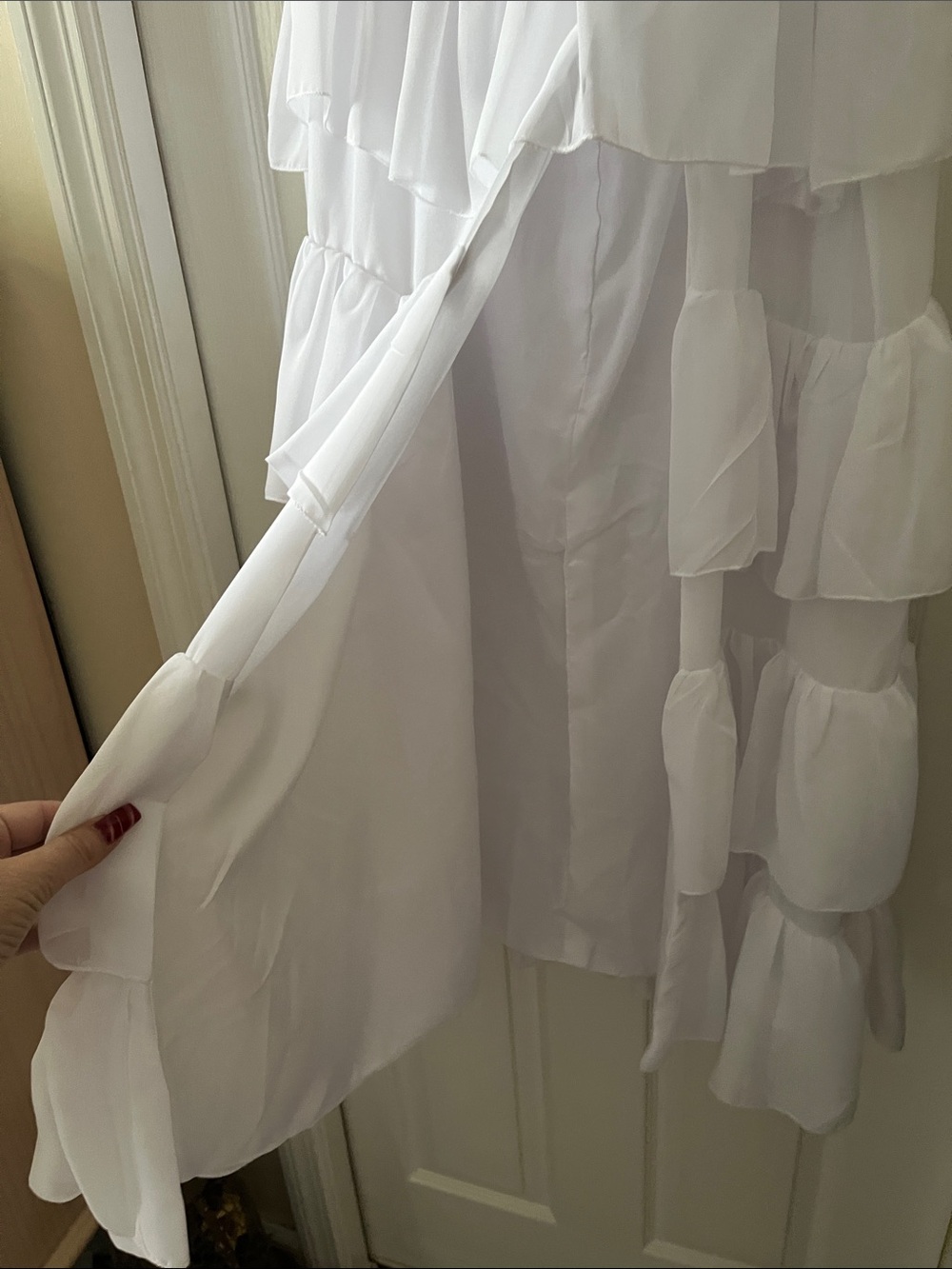 Boho White Tiered Ruffle Maxi Skirt with Side Slit - Picture 4 of 6